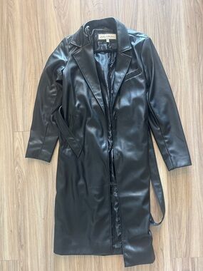 Black Faux Leather Long Trench Coat with Waist Tie